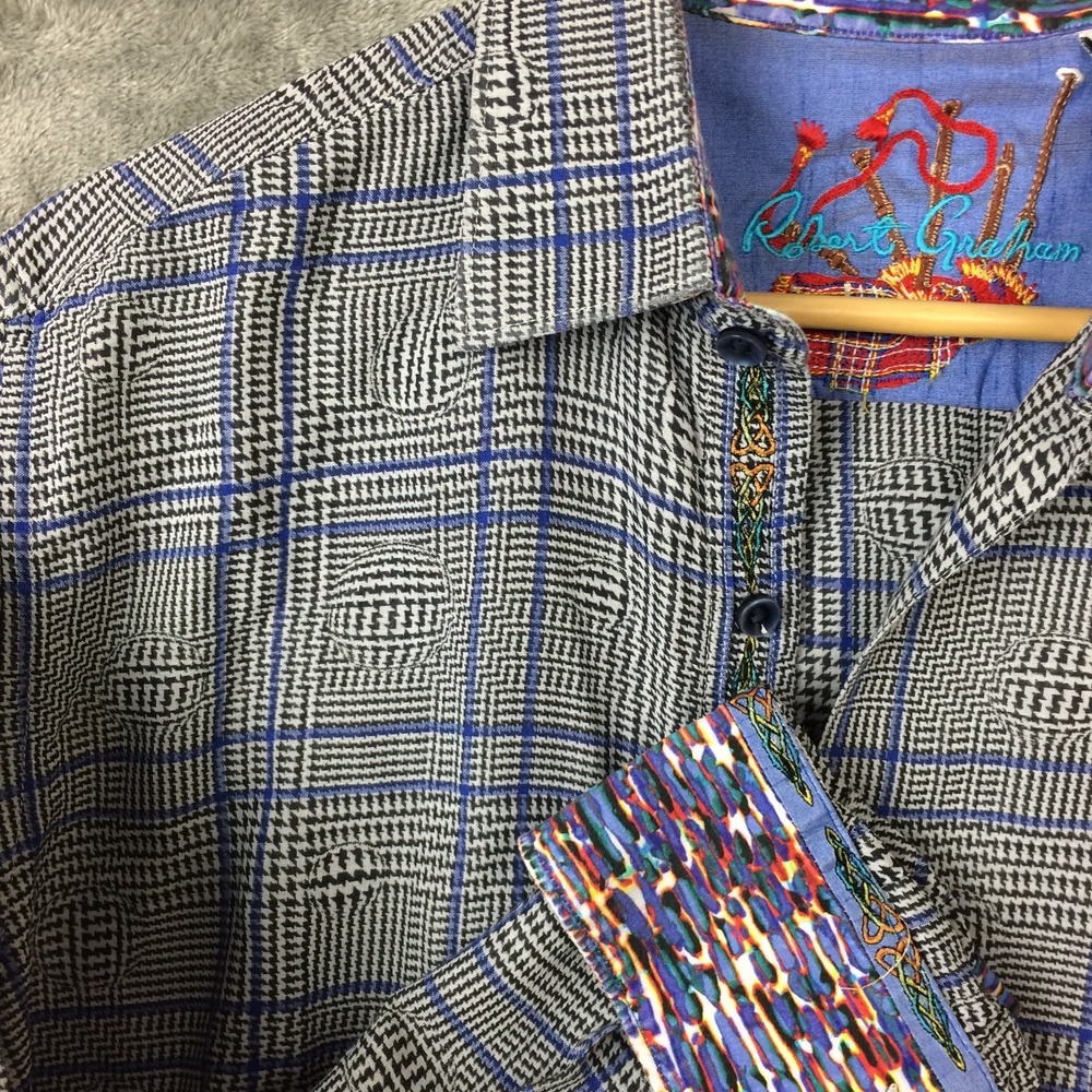 Robert Graham Dress Shirt Men M 3D Optical Glen Plaid Flip Cuff Blue Classic